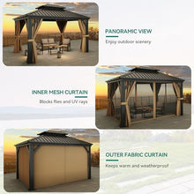 YITAHOME 10x12ft Hardtop Gazebo Double Roof Canopy with Netting and Curtains Brown