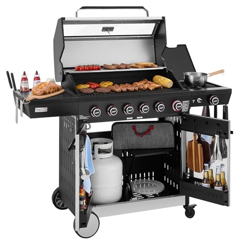 Grills House GE6001S 6-Burner Gas Grill, Side Burner Silver & Black