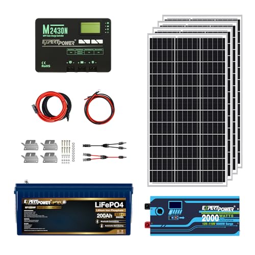 ExpertPower 2.5KWH 12V Solar Power Kit | LiFePO4 12V 200Ah Bluetooth & Heating, 400W Mono Solar Panels, 30A MPPT Solar Controller, 2KW Pure Sine Wave Inverter Charger | RV, Trailer, Camper, Off Grid