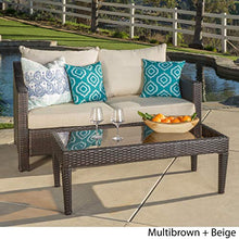 GDFStudio Outdoor Wicker Loveseat & Table with Water Resistant Cushions Brown/Beige