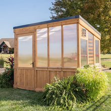 Backyard Discovery Willow 9' x 6' Cedar Greenhouse Kit with Exhaust Fan, Windows, and Staging Shelves Light Brown