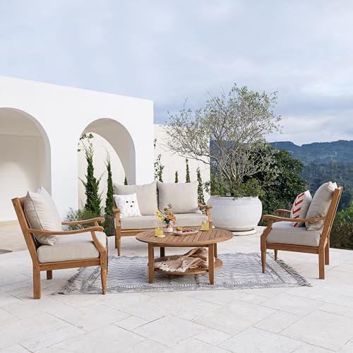 Cambridge Casual Venice Teak Wood Patio Conversation Set of 4 with Beige Cushion, Indonesian Teak Wood, Weather-Resistant Patio Furniture Set with Loveseat, 2 Club Chair, and Coffee Table