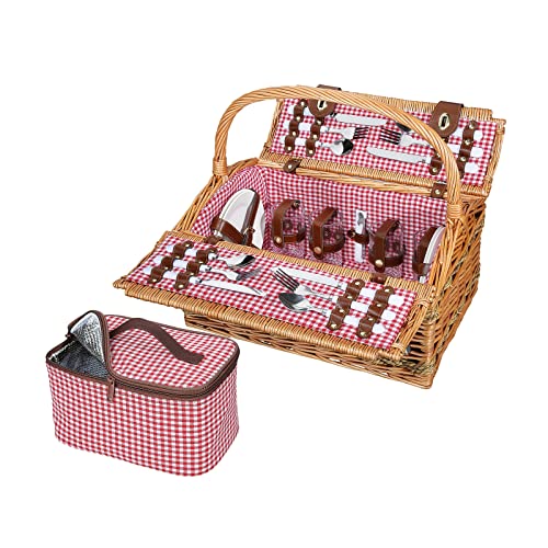 cilio Rivoli Picnic Basket for 4 People, Braided Basket with Lid, Picnic Basket with Cooling Compartment Including Plate Set, Cutlery, Glasses and Waiter's Corkscrew, Wicker Basket with Handle, Light
