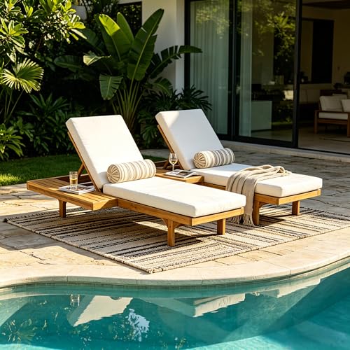 Merax 2-Person Outdoor Chaise Lounge Set with 2-Fold 4" Cushions, Acacia Wood Patio 5-Position Adjustable Reclining Sun Lounger, Convertible Double & Single Pool Lounge Chairs for Garden, Teak + Cream