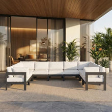 Outdoor Escape White Fabric Outdoor Patio Modular Sectional, Contemporary Style, Comfortable Back and Seat Heights, Spacious 150W X 90D Inches