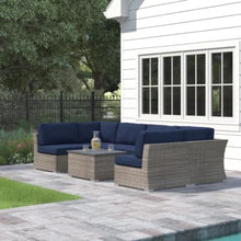 Hassyee Outdoor Sectional Sofa Set with Coffee Table and UV Resistant Frame for Poolside, Backyard, Patio Furniture Set with Dark Blue Cushions for Lawn, Balcony, Garden