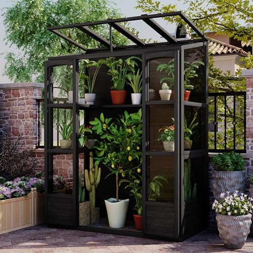 ANTSKU Wood Greenhouses for Outdoors, Cold Frame Greenhouse with 4 Independent Skylights & 2 Folding Middle Shelves, Large Walk in Lean to Green House for Backyard, Garden, 58" L x 29" W x78 H, Black