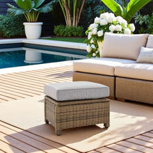 Outdoor Escape Brown Wicker Ottoman with Gray Cushion – Outdoor Foot Rest for Patio Seating Featuring Steel Frame and Weather-Resistant Woven Design
