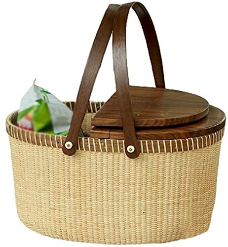 YRHH Insulated Cooler Bag, Picnic Basket, Outdoor Camping Picnic Basket, Hand Woven Garden Picnic Basket, Large Storage Basket Lid-A