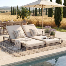 Merax Double Chaise Lounge Chair Outdoor with 4-Position Adjustable Backrest for Each Seat & 3-Fold Cushions, Acacia Wood Pool Sun Lounger for Patio Garden Beach, 800lbs Capacity, Cream+Light White