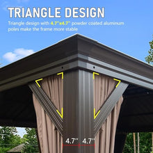 Ginkartu Hardtop Gazebo, Outdoor Gazebo with Galvanized Steel Double Roof, Aluminum Frame, Built-in Gutter System, Curtain and Netting, Metal Gazebo Pavilion for Patio Deck Garden, Brown