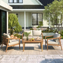 Merax 4 Piece Patio Outdoor Furniture Set, All-Weather Acacia Wood Loveseat Sofa, 2 Armchairs w/Coushions, 1 Coffee Table for Porch, Lawn, Backyard, Balcony Teak+ Beige