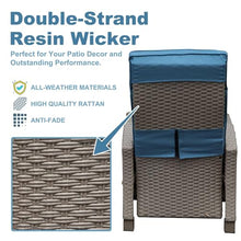 Navy Blue Outdoor Recliner Chair with Hand-Woven Wicker, Adjustable Angle Flip Table, Thick Cushions for Patio, Garden & Poolside