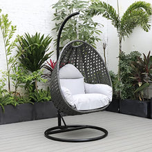 LeisureMod Charcoal Wicker Rattan Hanging Egg Swing Chair for Indoor Outdoor Bedroom Patio with Stand and Cushion (Light Grey)