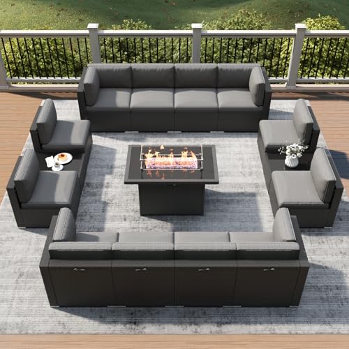 LayinSun 15 Piece Patio Furniture Set with Fire Pit Table, Wicker Rattan Sectional Sofa, Coffee Table F15-Black/Gray