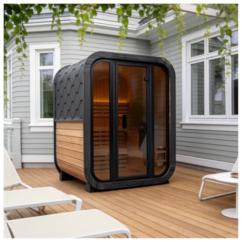 amocane Outdoor Steam Sauna 2 Person, Canadian Red Cedar Sauna Spa with 4.5KW ETL Sauna Heater, Traditional Backyard Cube Wooden Sauna with 8mm Tempered Brown Glass, 0-195℉