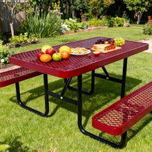 LAUCO Heavy Duty Rectangular Outdoor Picnic Table with Steel Frame, Thermoplastic Coating, Umbrella Hole, Built-in Benches, Seats 8, for Park, Patio, School (Red, 72 inch) 36033