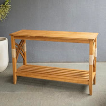 Cambridge Casual Sierra Teak Wood Outdoor Console Table with Accent Wicker, Natural Teak, Narrow Garden Table with Bottom Shelf for Patio, Deck, Entry Way or Poolside – Weather-Resistant
