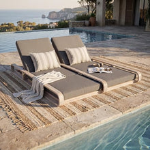 Merax Double Chaise Lounge Chair Outdoor with 4-Position Adjustable Backrest for Each Seat & 3-Fold Cushions, Acacia Wood Pool Sun Lounger for Patio Beach, 800lbs Capacity, Dark Grey+Light White