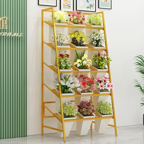LLHBBSHYYDM 4-Tier Mobile Flower Display Stand with Wheels, Heavy Duty Metal Plant Cart for Florist Shop(Gold shelf+5 layers 15 barrels)