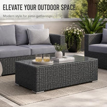 Golden Flame Long Outdoor Coffee Table, Rectangular Patio Wicker Coffee Table with Tempered Glass Top, HDPE Resin Wicker, Aluminum Frame, Brushed Aluminum Feet, Textured Slate