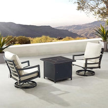 Oakland Living Black Aluminum Patio Fire Table Bistro Set with Two Club Chairs with Light Grey Cushions