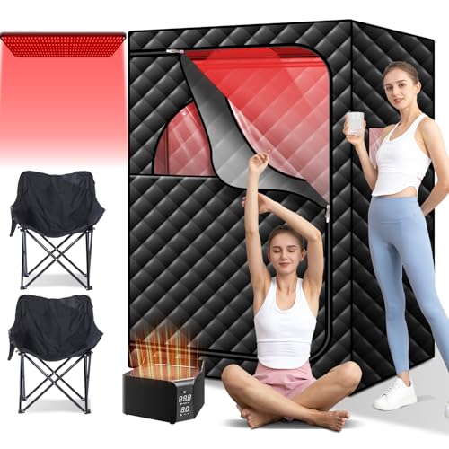 amocane Portable Infrared Sauna with 660nm Red Light, 2 Person Hot Air Sauna Personal Dry Sauna, Full Bady Home Spa, 165℉ Temperature, 2 Large Chairs, 99 Mins Timer