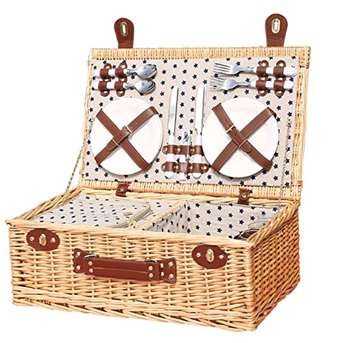 Large Willow Picnic Basket with Deluxe Service Set for 4 Persons, Natural Wicker Picnic Hamper with Food Cooler Bag, for Picnic, Camping, Outdoor, Valentine Day, Thanks Giving, Birthday