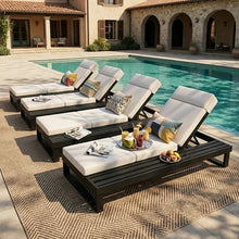 Merax 4-Piece Black Acacia Wood Chaise Lounge with 4-Inch Beige 4-Fold Cushion Set, Adjustable Outdoor Patio Lounger with Flat Side Surface, for Poolside
