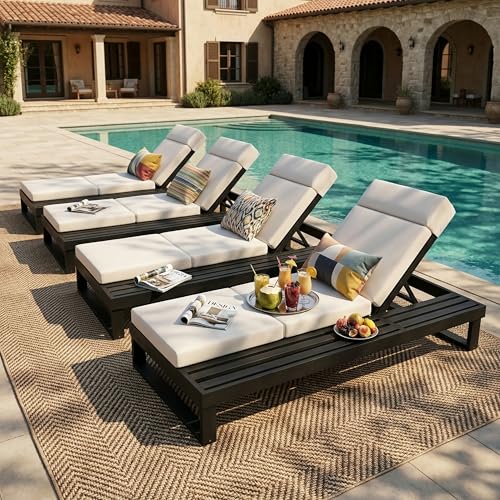 Merax 4-Piece Black Acacia Wood Chaise Lounge with 4-Inch Beige 4-Fold Cushion Set, Adjustable Outdoor Patio Lounger with Flat Side Surface, for Poolside