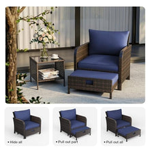 LEVELEVE Patio Conversation Set 5 Piece, Balcony Furniture Outdoor PE Rattan Wicker Lounge Chairs with Soft Cushions, 2 Ottomans & Glass Table for Porch Lawn, Brown (Blue Cushions
