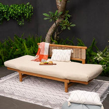 Cambridge Casual Chester Teak Wood Outdoor Convertible Sofa Daybed – 3-in-1 Patio Couch, Outdoor Futon Sofa Bed with Cream All-Weather Wicker & Tan Cushion
