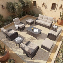AOUKI Patio Furniture Set with Luxury 6" Cushions, 10 Pieces Swivel Rocking Patio High Back Chairs, Couch and Ottoman, Outdoor Wicker Conversation Set for Deck, Porch, Backyard, Poolside, Beige