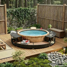 KGFHERENB Black Poly Rattan Hot Tub Surround, 111.4 Inch Wicker Spa Surround with Built-in Storage and Power Pack Cutout, Steel and Eucalyptus Wood Frame for Outdoor Round Tub
