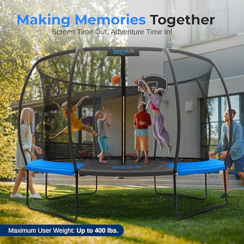 SereneLife 12ft Kids Trampoline with Net & Basketball Hoop Blue