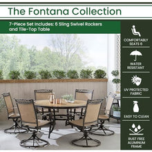 Hanover Fontana 7-Piece Outdoor Dining Set with 6 Sling Swivel Rocker Chairs and Round Table, Tan/Bronze