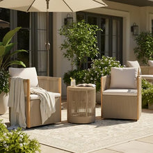 Christopher Knight Home Junna Acacia Wood Bistro Table and Chairs Set of 2, Outdoor Bistro Set with Rope Accent, Outdoor Side Table and Swivel Patio Chairs Set with Thick Cushions, Beige + Teak
