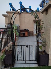 iumLeap Metal Garden Arch with Gate, Weatherproof Heavy Duty Trellis Rose Archway Stand Black Pergola Arbor for Roses & Climbing Plants, Outdoor Arbour HWD 210 X 114 X 52cm