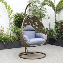 LeisureMod Wicker Rattan Hanging Egg Swing Chair with Stand & Cushion - Charcol Blue Swing Chair for Indoor/Outdoor, Patio, Bedroom, Lounge Seat