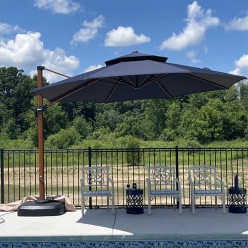 13' x 13' Round Wood Pattern Cantilever Umbrella With Wheeled Base,Navy
