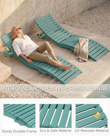 PLUUV HDPE Pool Chaise Lounge Chairs with Cup Holder, Set of 4, Blue