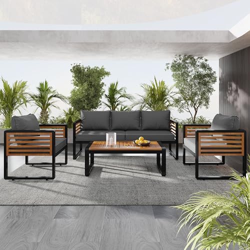 Merax Large Size 4-Pieces Outdoor Wood Sofa, Conversation Set for 5 Person, with Removable Cushions, Waterproof & UV-Resistant, Modern Patio Garden Set, Gray