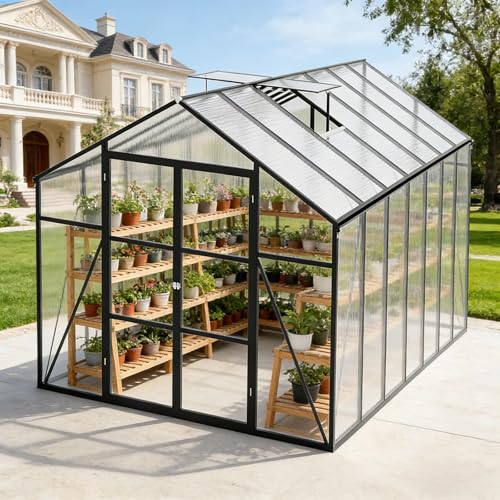 Trygoal 8x14 FT Greenhouse, Walk-in Heavy Duty Polycarbonate Outdoor Greenhouses with Raised Base & Anchor, Height-Enhanced Aluminum Frame, & Drainage System for Backyard All Season Growing, Black