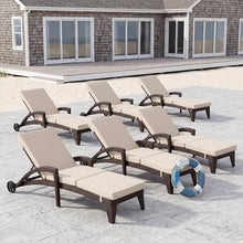 DAYARUS Chaise Lounge Chairs Set of 6, Upholstered 5-Positions Adjustable Pool Loungers, 80" Long Wicker Outdoor Lounge Chairs, Patio Chaise Lounges with Wheels for Sunbathing/Deck/Yard, Khaki