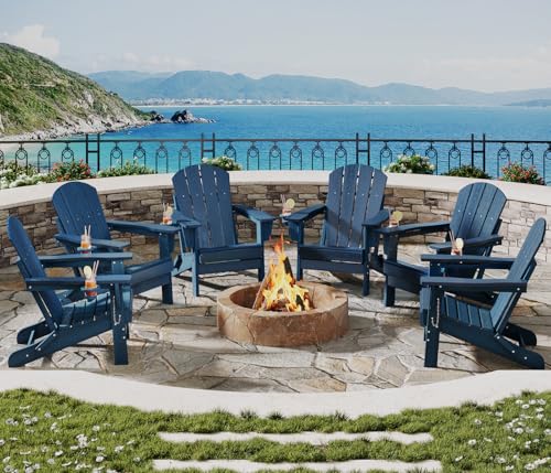Garvee HDPE Folding Adirondack Chair Set of 6 with Cup Holder, Navy Blue