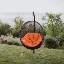 Afuera Living Outdoor Patio Swing Chair, Orange Finish, Rattan Seat, Espresso Metal Stand, Plush Water-Resistant White Cushions, 71" H x 40" W x 43.5" D, Hanging Chair for Garden or Patio Use