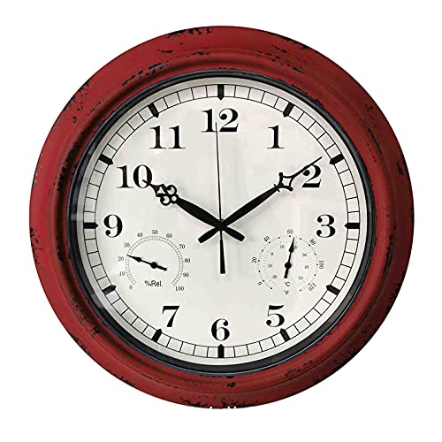 NUHSLF 18 Inch Outdoor Wall Clock with Thermometer & Hygrometer Combo,Waterproof Vintage Non-Ticking Clock,Silent Metal Garden Clock for Patio,Pool,Fen,Porch,Home
