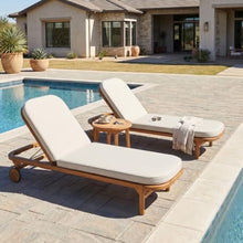 Christopher Knight Home Yeon Set of 2 Acacia Wood Chaise Lounge Chair Outdoor with Wooden Wheels, Adjustable Backrest Sun Lounger Recliner, Patio Outdoor Chaise Lounge with Cushion, Teak + Beige