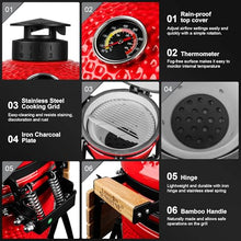 London Sunshine 15-inch Ceramic Kamado Charcoal BBQ Grill & Smoker with Locking Casters, Foldable Side Shelves, Stainless Steel Grates, and Tall Stand (Red)