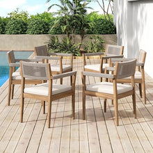 Seeheool Braided Acacia Wood Outdoor Dining Chairs Set of 4 – Teak Look with Beige Rope & Cream Cushions, Armrests – All-Weather Patio Furniture for Garden, Poolside, and Backyard (Durable & Stylish)